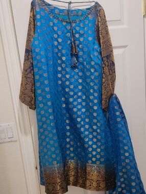 Blue and Gold Embellished Traditional Tunic.Pakistani Suit With Pants.3 Piece